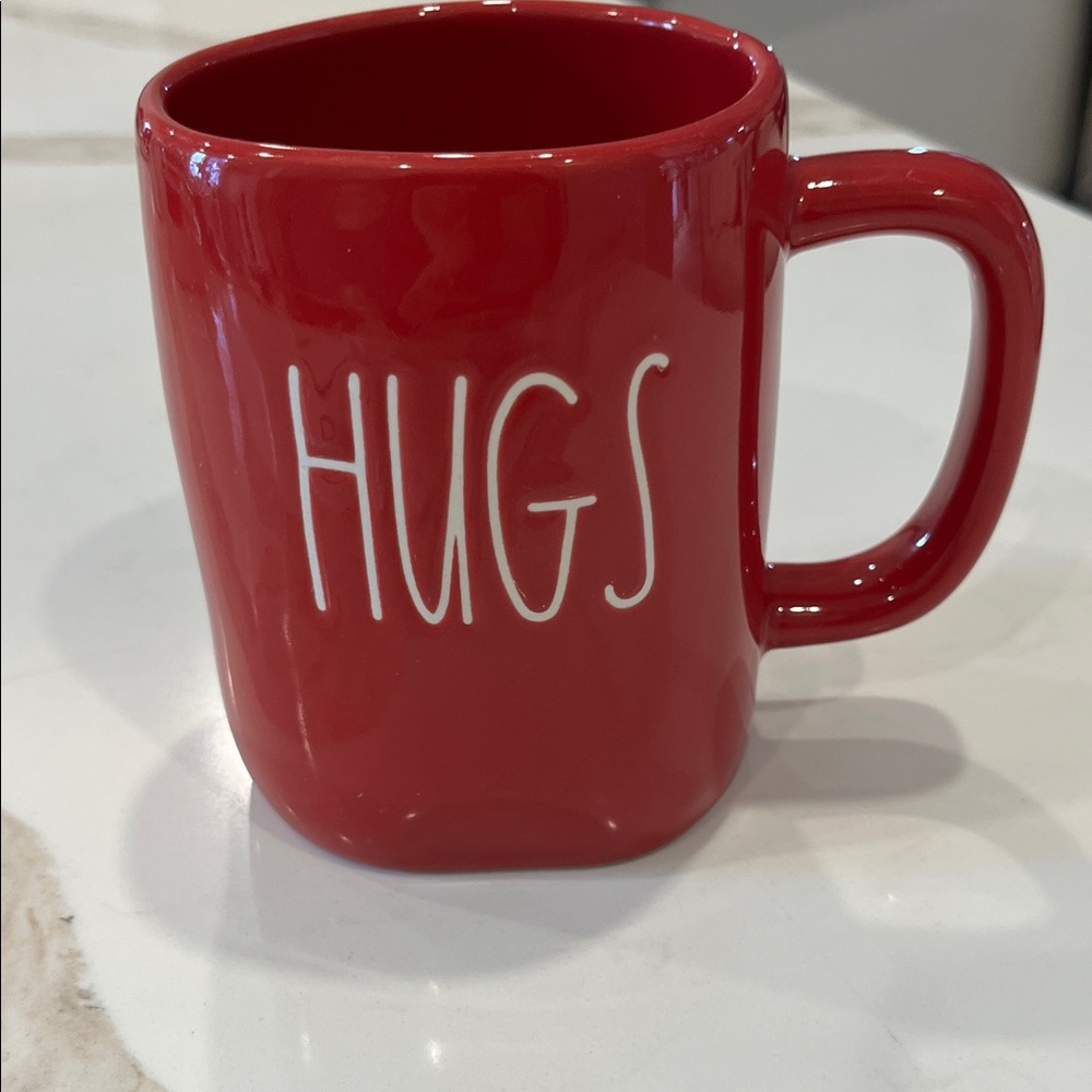 Red Ceramic Rae Dunn Mug with 'HUGS”
and “KISSES” Print Design